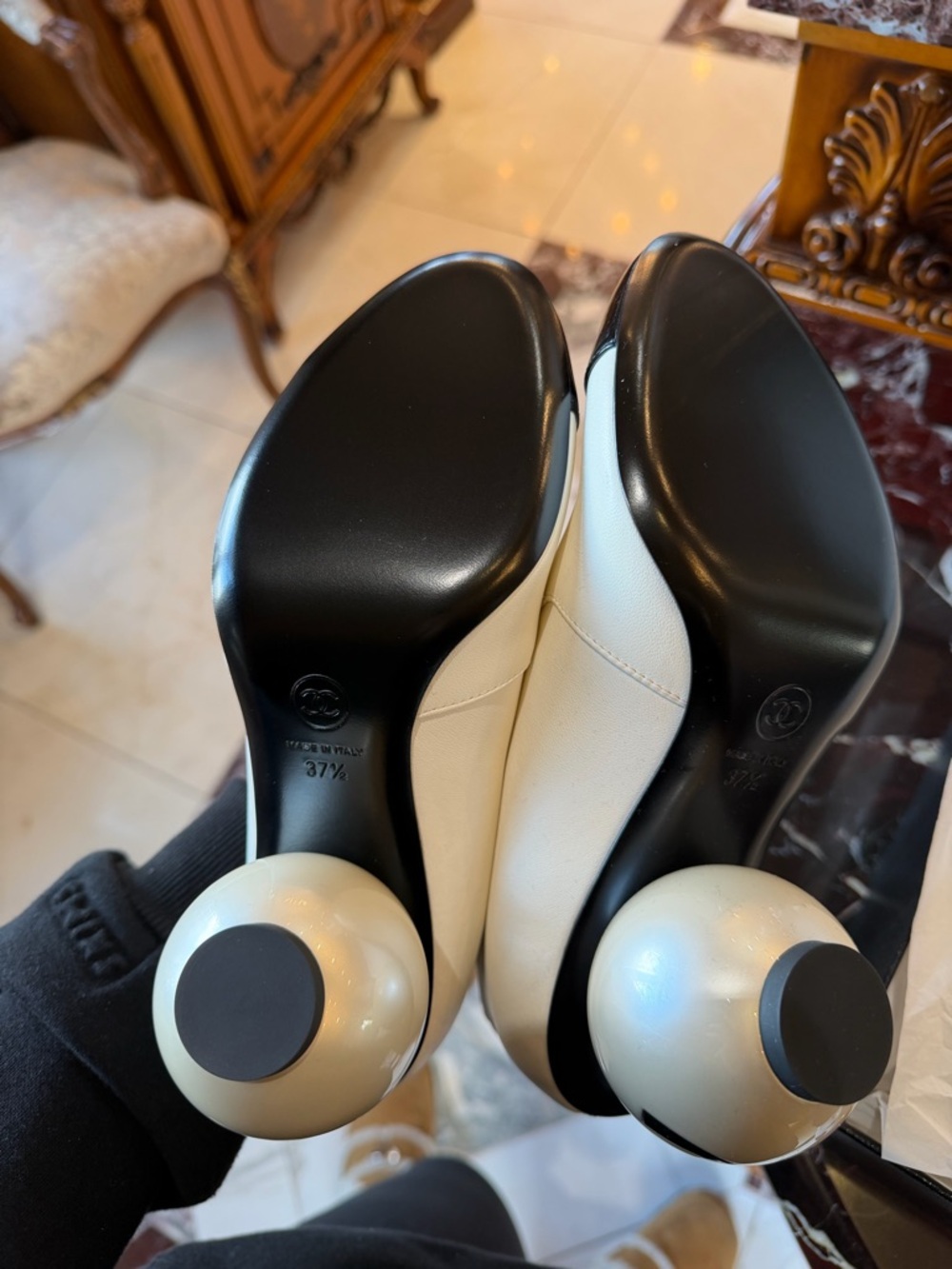 CHANEL White Over-the-Knee Boots with Black Cap Toe and Pearl Heel - Picture 3 of 5